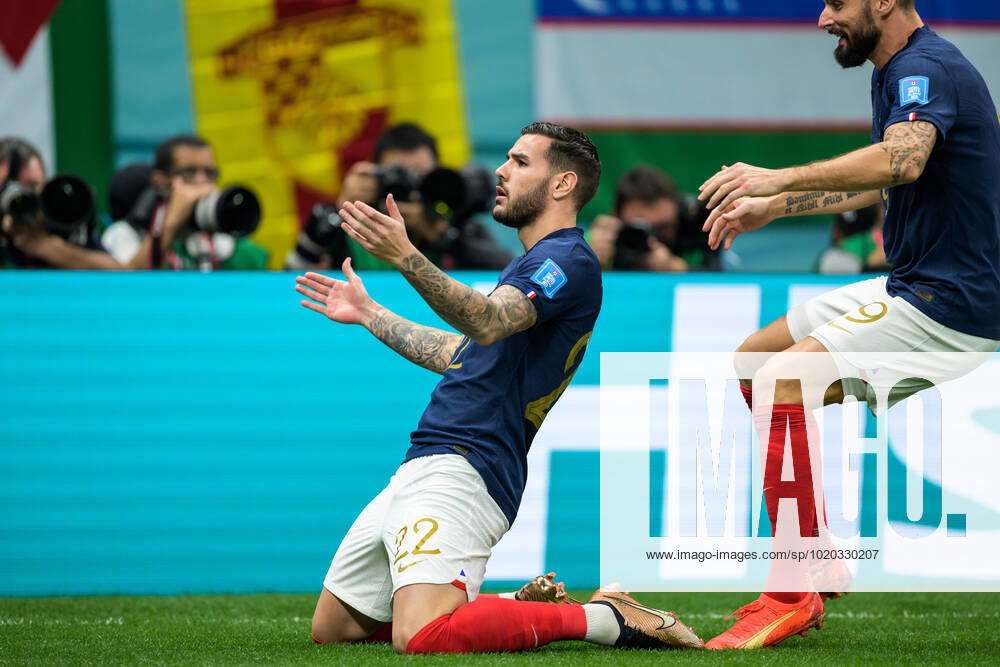 Theo Hernandez of France celebrates after scoring 1 0 during the FIFA World Cup 2022 semifinal between France and Morocco on December 14, 2022 in Doha Photo Joel Marklund BILDBYRAN code JM JM0412 bbeng football football soccer fotball world cup football world cup football world cup football world cup 2022 fifa world cup 2022 semi final semi final france france morocco morocco jubilation celebration,