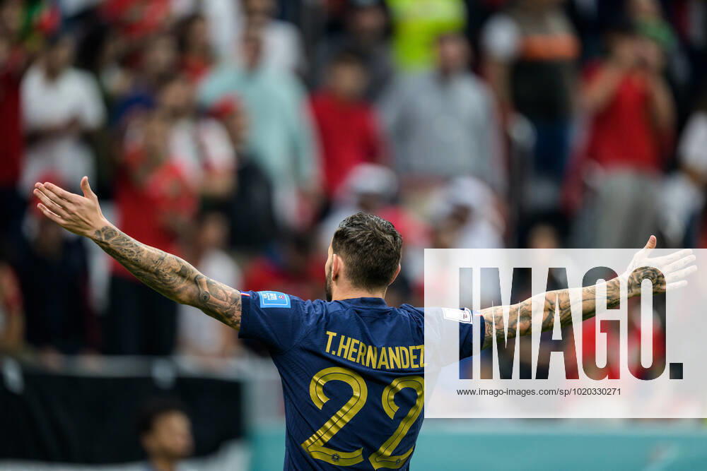 Theo Hernandez of France celebrates after scoring 1 0 during the FIFA World Cup 2022 semifinal between France and Morocco on December 14, 2022 in Doha Photo Joel Marklund BILDBYRAN code JM JM0412 bbeng football football soccer fotball world cup football world cup football world cup football world cup 2022 fifa world cup 2022 semi final semi final france france morocco morocco jubilation celebration,
