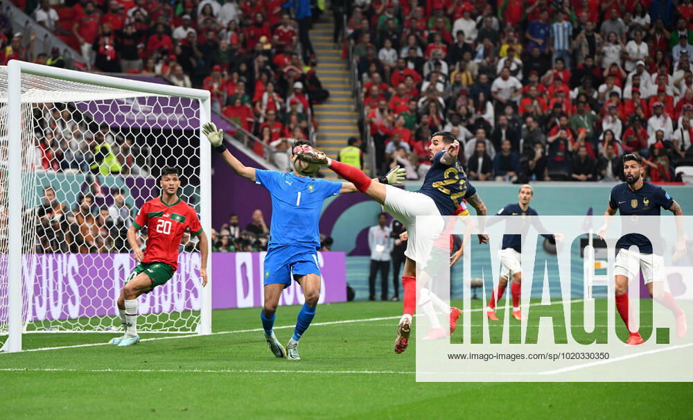 Football, men, 2022 23 season, Qatar World Cup, semi-final, France Morocco at Al Bayt Stadium in Al Khor, Theo Hernandez France scores the goal to 1 0 against Achraf Dari Morocco and goalkeeper Yassine Bounou Morocco , 14 12 2022,