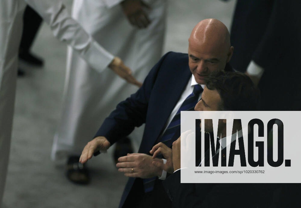 French President Emmanuel Macron (Down) speaks with FIFA President Gianni Infantino during the FIFA World Cup, WM, Weltmeisterschaft, Fussball semifinals soccer match between France and Morocco at Al Bayt Stadium in Al Khor, Qatar, 14 December 2022. World Cup 2022: France vs. Morocco !ACHTUNG: NUR REDAKTIONELLE NUTZUNG!