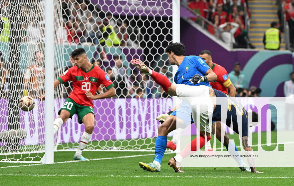 Football, men, 2022 23 season, Qatar World Cup, semi-final, France Morocco at Al Bayt Stadium in Al Khor, Theo Hernandez France scores the goal to 1 0 against Achraf Dari Morocco and goalkeeper Yassine Bounou Morocco , 14 12 2022,