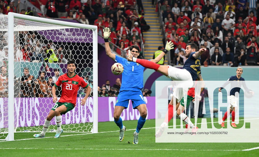 Football, men, 2022 23 season, Qatar World Cup, semi-final, France Morocco at Al Bayt Stadium in Al Khor, Theo Hernandez France scores the goal to 1 0 against Achraf Dari Morocco and goalkeeper Yassine Bounou Morocco , 14 12 2022,