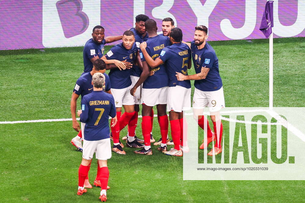 QATAR, AL KHOR - DECEMBER 14, 2022: France s players celebrate scoring in their 2022 FIFA World Cup, WM, Weltmeisterschaft, Fussball semi-final football match against Morocco at Al-Bayt Stadium. Sergei Bobylev TASS 56420019