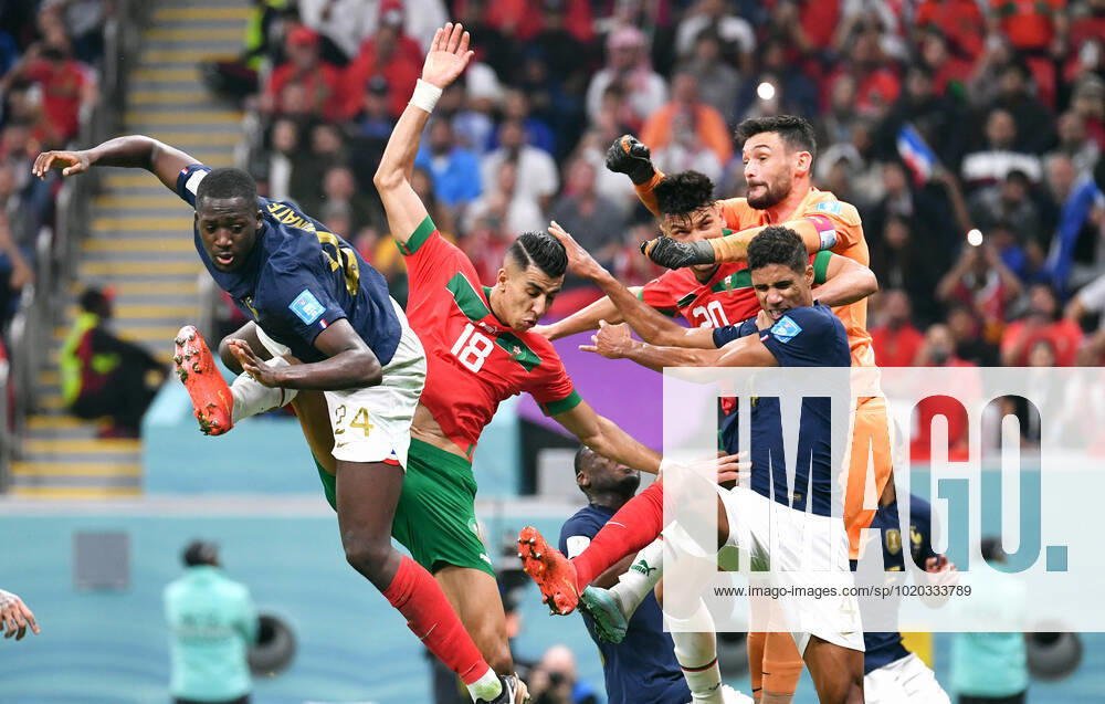 Football World Cup, Men, Qatar 2022, 2 Semifinals, Al Bayt Stadium, France Morocco Ibrahima Konate FRA , Jawad El Yamiq MAR , Achraf Dari MAR , Raphael Varane FRA , Hugo Lloris FRA Action FIFA REGULATIONS PROHIBIT ANY USE OF PHOTOGRAPHS AS IMAGE SEQUENCES AND OR QUASI VIDEO
