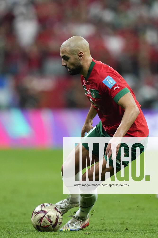 France v Morocco: Semi Final - FIFA World Cup, WM, Weltmeisterschaft, Fussball Qatar 2022 Sofyan Amrabat defensive midfield of Morocco and ACF Fiorentina in action during the FIFA World Cup Qatar 2022 semi final match between France and Morocco at Al Bayt Stadium on December 14, 2022 in Al Khor, Qatar. Al Khor Qatar