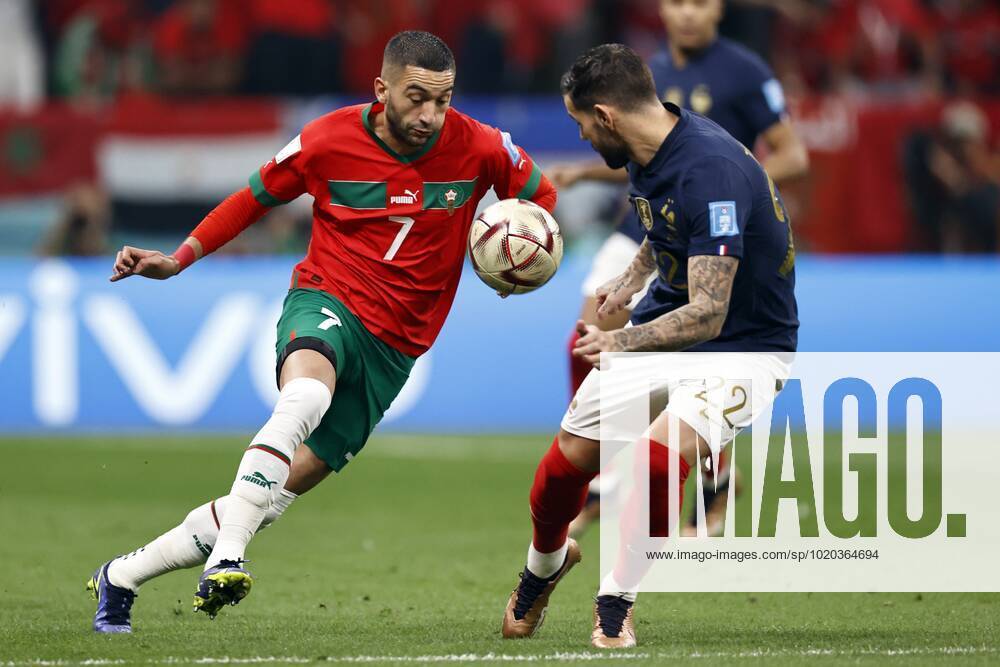 AL KHOR l r Hakim Ziyech of Morocco, Theo Hernandez of France during the FIFA World Cup Qatar 2022 Semifinal match between France and Morocco at Al Bayt Stadium on December 14, 2022 in Al Khor, Qatar AP Dutch Height MAURICE OF STONE FIFA World Cup Qatar 2022 2022 ANPxSportx xMauricexvanxSteenxWKxIVx 459447354 originalFilename: 459447354