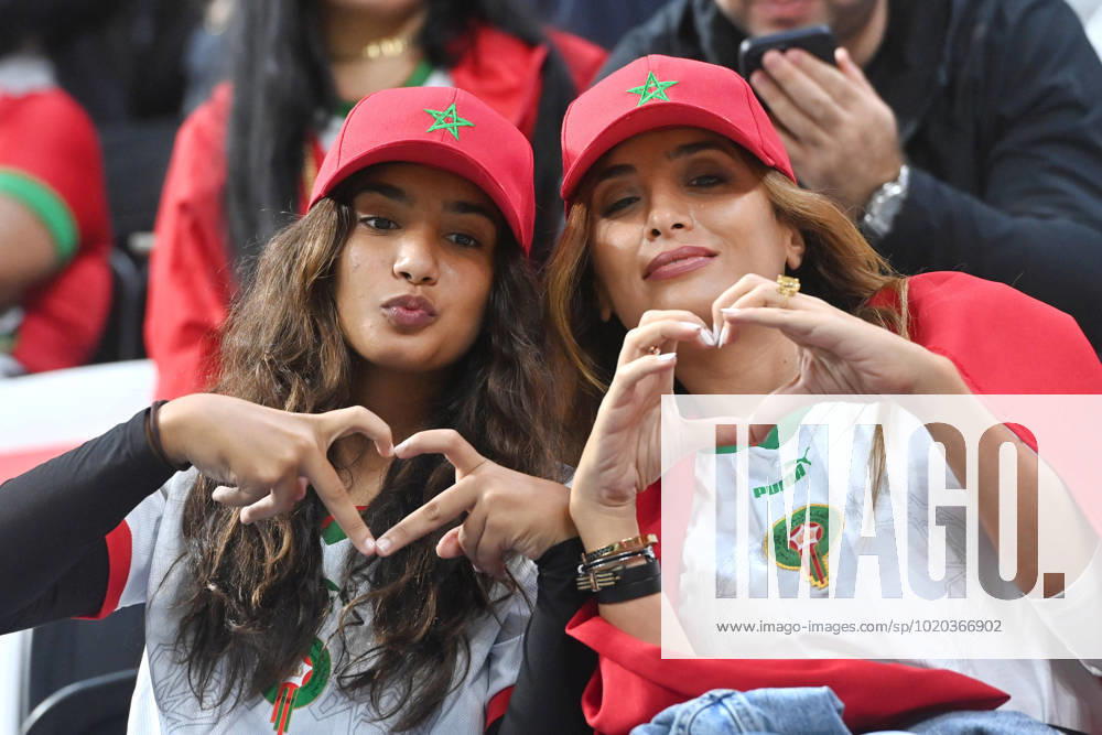 Moroccan female fans,football fans young women,semi final,semi final game 62,France FRA Morocco MAR 2 0,on 14 12 2022,Al Bayt Stadium Football World Cup 20122 in Qatar from 20 11 18 12 2022