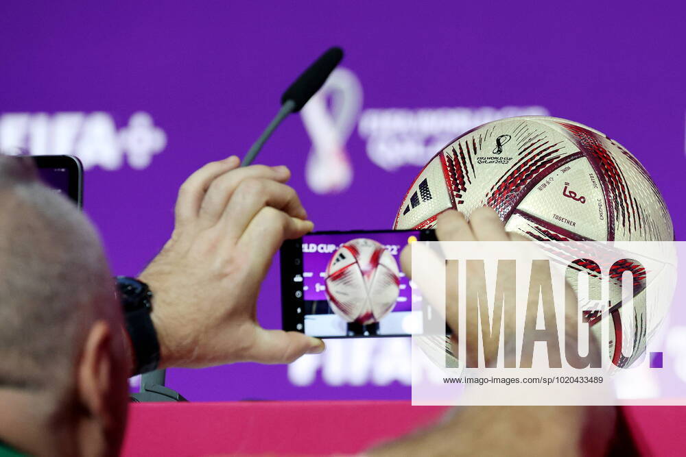 QATAR, DOHA - DECEMBER 16, 2022: The Adidas Al Hilm football, the official match ball for the upcoming 2022 FIFA World Cup, WM, Weltmeisterschaft, Fussball final between France and Argentina, is pictured at a final press conference, PK, Pressekonferenz by FIFA President Gianni Infantino at the main media center. The 2022 FIFA World Cup takes place in Qatar from November 20 to December 18, 2022. Sergei Bobylev TASS 56444466