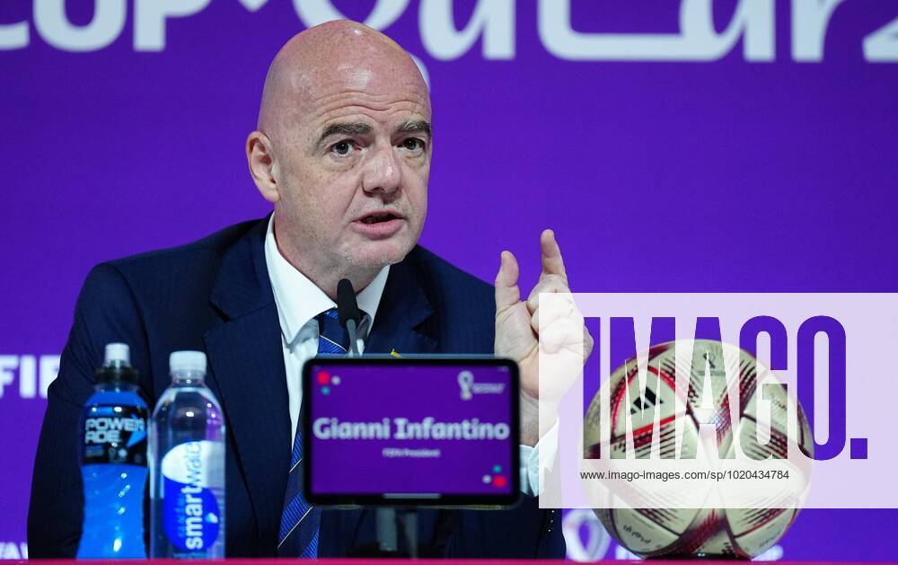 Mandatory Credit: Photo by Javier Garcia Shutterstock (13670212o) FIFA President Gianni Infantino speaks during the press conference, PK, Pressekonferenz FIFA Press Conference, FIFA World Cup, WM, Weltmeisterschaft, Fussball 2022, Football, Qatar National Convention Centre, Doha, Qatar - 16 Dec 2022 Editorial Use Only FIFA Press Conference, FIFA World Cup 2022, Football, Qatar National Convention Centre, Doha, Qatar - 16 Dec 2022 Editorial Use Only