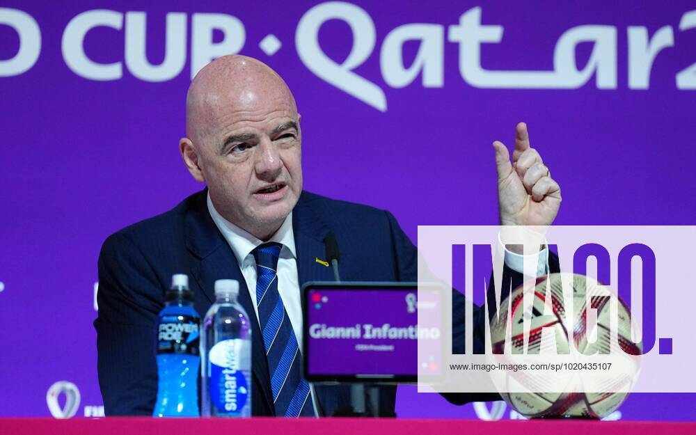Mandatory Credit: Photo by Javier Garcia Shutterstock (13670212v) FIFA President Gianni Infantino speaks during the press conference, PK, Pressekonferenz FIFA Press Conference, FIFA World Cup, WM, Weltmeisterschaft, Fussball 2022, Football, Qatar National Convention Centre, Doha, Qatar - 16 Dec 2022 Editorial Use Only FIFA Press Conference, FIFA World Cup 2022, Football, Qatar National Convention Centre, Doha, Qatar - 16 Dec 2022 Editorial Use Only