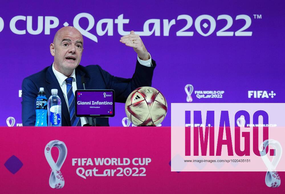 Mandatory Credit: Photo by Javier Garcia Shutterstock (13670212y) FIFA President Gianni Infantino speaks during the press conference, PK, Pressekonferenz FIFA Press Conference, FIFA World Cup, WM, Weltmeisterschaft, Fussball 2022, Football, Qatar National Convention Centre, Doha, Qatar - 16 Dec 2022 Editorial Use Only FIFA Press Conference, FIFA World Cup 2022, Football, Qatar National Convention Centre, Doha, Qatar - 16 Dec 2022 Editorial Use Only