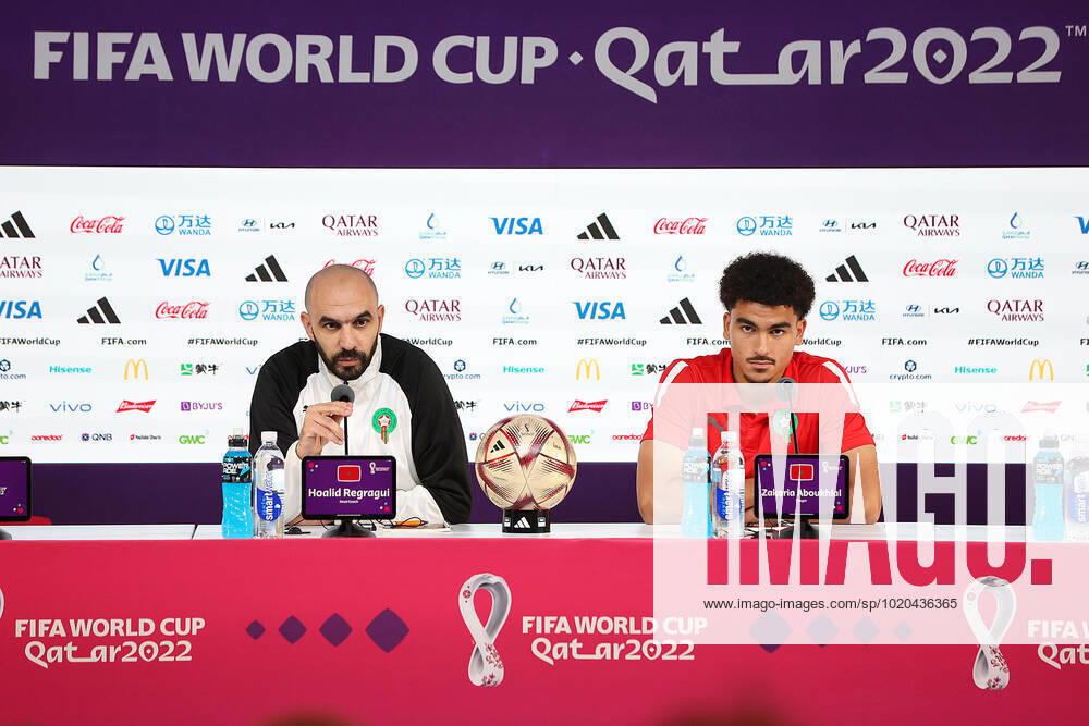 QATAR 2022 - Morocco press conference, PK, Pressekonferenz Head coach of the Morocco national team, Nationalteam Walid Regragui and player Zakaria Aboukhlal during Media conference of the Moroccan national football team on the eve of the match for third place between Croatia and Morocco at the World Cup in Qatar, at Qatar National Convention Centre, QNCC, Doha, Qatar, on December 16, 2022, GoranxStanzl PIXSELL