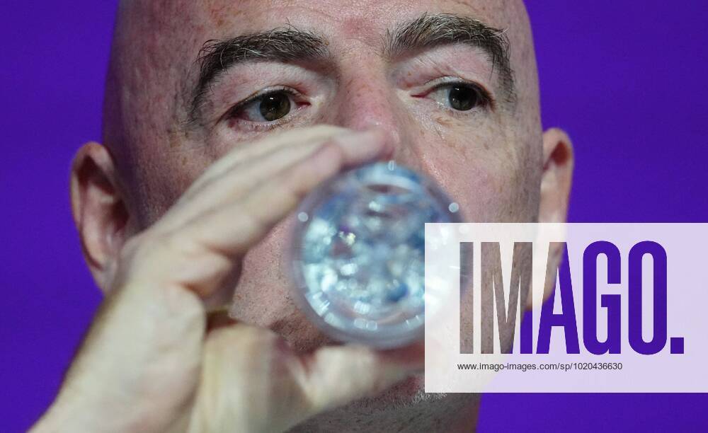 Mandatory Credit: Photo by Javier Garcia Shutterstock (13670212bl) FIFA President Gianni Infantino drinks water during the press conference, PK, Pressekonferenz FIFA Press Conference, FIFA World Cup, WM, Weltmeisterschaft, Fussball 2022, Football, Qatar National Convention Centre, Doha, Qatar - 16 Dec 2022 Editorial Use Only FIFA Press Conference, FIFA World Cup 2022, Football, Qatar National Convention Centre, Doha, Qatar - 16 Dec 2022 Editorial Use Only