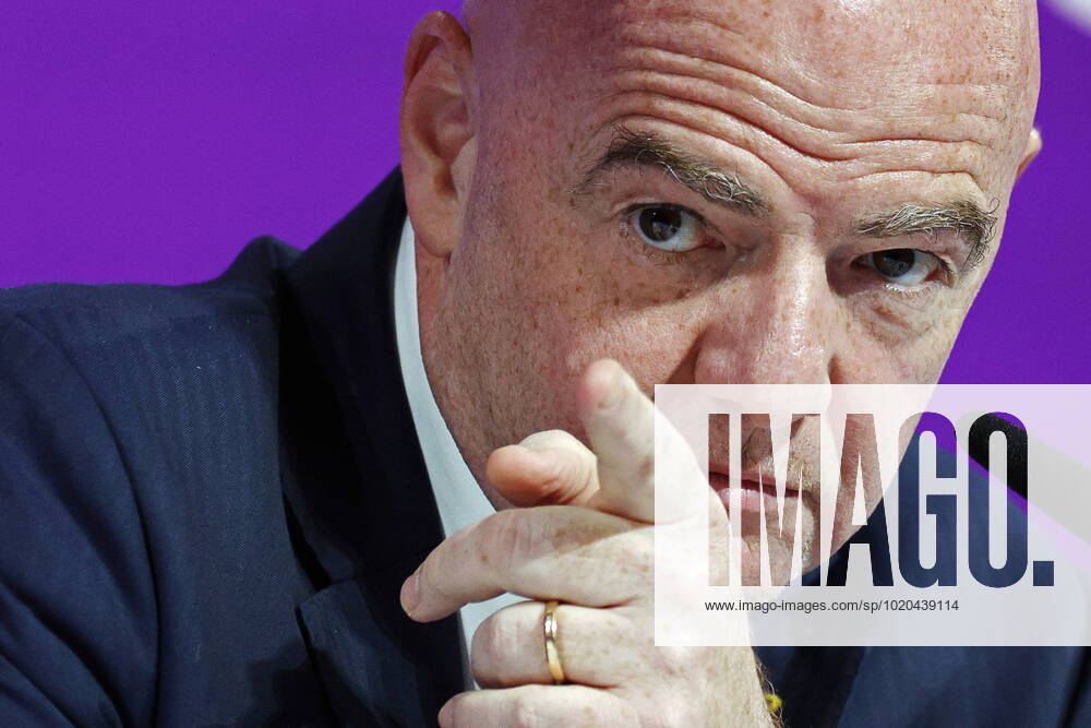 QATAR, DOHA - DECEMBER 16, 2022: FIFA President Gianni Infantino gives a final press conference, PK, Pressekonferenz on the finishing 2022 FIFA World Cup, WM, Weltmeisterschaft, Fussball at the main media center. The 2022 FIFA World Cup takes place in Qatar from November 20 to December 18, 2022. Sergei Bobylev TASS 56445511