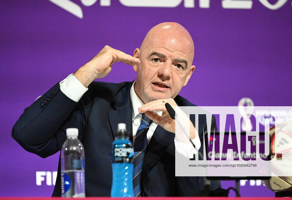 Football, men, 2022 23 season, Qatar World Cup, Doha, press conference at the media center at Qatar National Convention Centre QNCC , FIFA President Gianni Infantino, 16 12 2022,