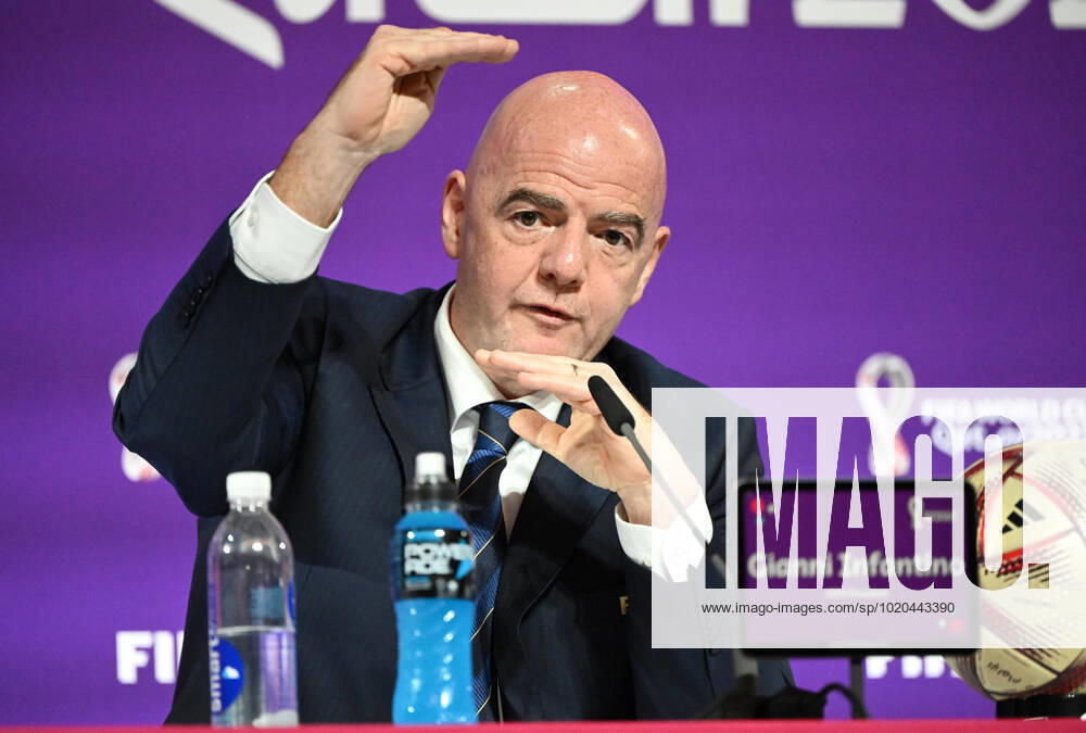 Football, men, 2022 23 season, Qatar World Cup, Doha, press conference at the media center at Qatar National Convention Centre QNCC , FIFA President Gianni Infantino, 16 12 2022,