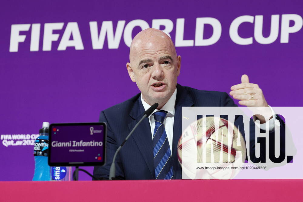 QATAR, DOHA - DECEMBER 16, 2022: FIFA President Gianni Infantino gives a final press conference, PK, Pressekonferenz on the finishing 2022 FIFA World Cup, WM, Weltmeisterschaft, Fussball at the main media center. The 2022 FIFA World Cup takes place in Qatar from November 20 to December 18, 2022. Sergei Bobylev TASS 56446680