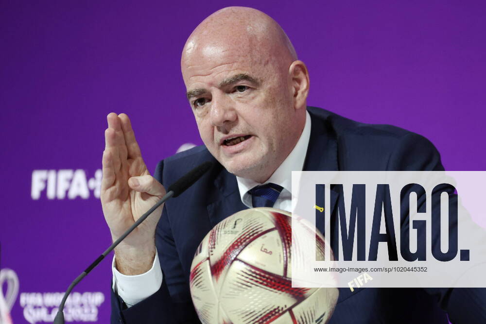 QATAR, DOHA - DECEMBER 16, 2022: FIFA President Gianni Infantino gives a final press conference, PK, Pressekonferenz on the finishing 2022 FIFA World Cup, WM, Weltmeisterschaft, Fussball at the main media center. The 2022 FIFA World Cup takes place in Qatar from November 20 to December 18, 2022. Sergei Bobylev TASS 56446754