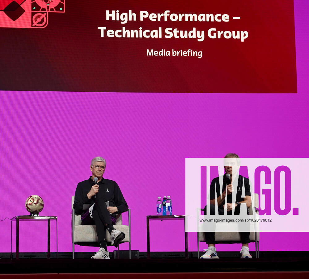 Football, Men, 2022 23 season, World Cup in Qatar, Doha, FIFA Technical Study Group press conference in the media center at Qatar National Convention Centre QNCC , pictured f l Arsene Wenger M , FIFAs Chief of Global Football Development , Jürgen Klinsmann FIFA Technical Study Group , 17 12 2022,