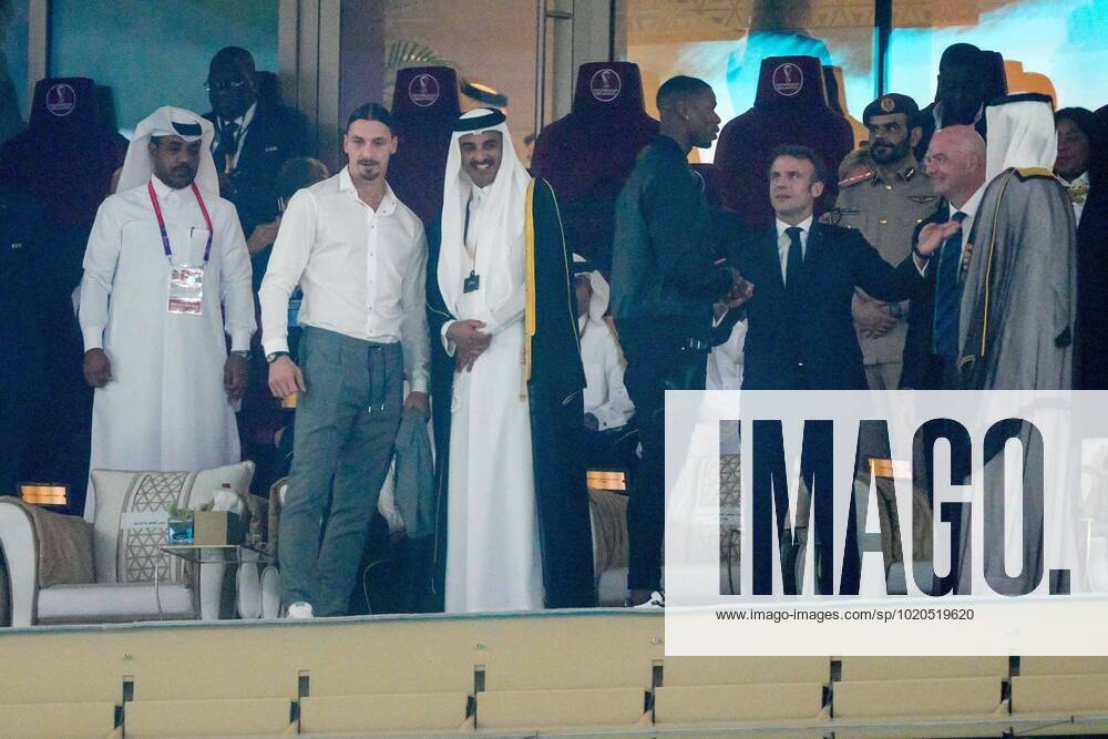 Mandatory Credit: Photo by Dave Shopland Shutterstock (13670813q) Zlatan Ibrahimovic with The Emir, Sheik Tamim bin Hamad Al Thani, as Paul Pogba speaks with President of France Emmanuel Macron and FIFA President Gianni Infantino Argentina v France, FIFA World Cup, WM, Weltmeisterschaft, Fussball 2022, Final, Football, Lusail Stadium, Al Daayen, Qatar - 18 Dec 2022 Editorial Use Only Argentina v France, FIFA World Cup 2022, Final, Football, Lusail Stadium, Al Daayen, Qatar - 18 Dec 2022 Editorial Use Only