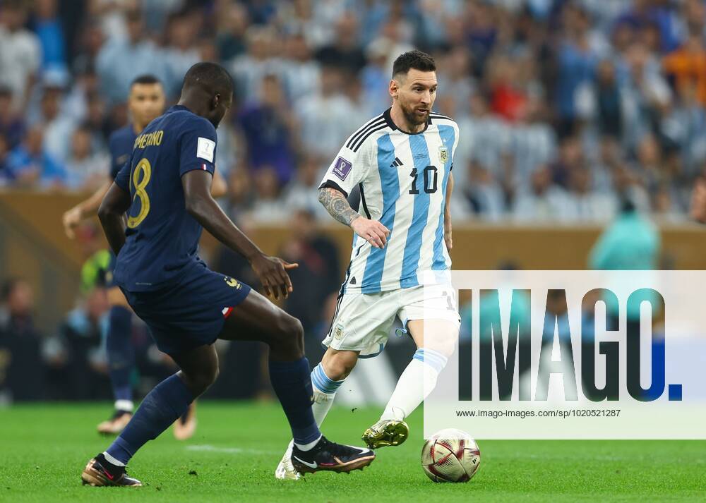 Mandatory Credit: Photo by Kieran McManus Shutterstock (13670809bd) Lionel Messi of Argentina and Dayot Upamecano of France Argentina v France, FIFA World Cup, WM, Weltmeisterschaft, Fussball 2022, Final, Football, Lusail Stadium, Al Daayen, Qatar - 18 Dec 2022 Editorial Use Only Argentina v France, FIFA World Cup 2022, Final, Football, Lusail Stadium, Al Daayen, Qatar - 18 Dec 2022 Editorial Use Only