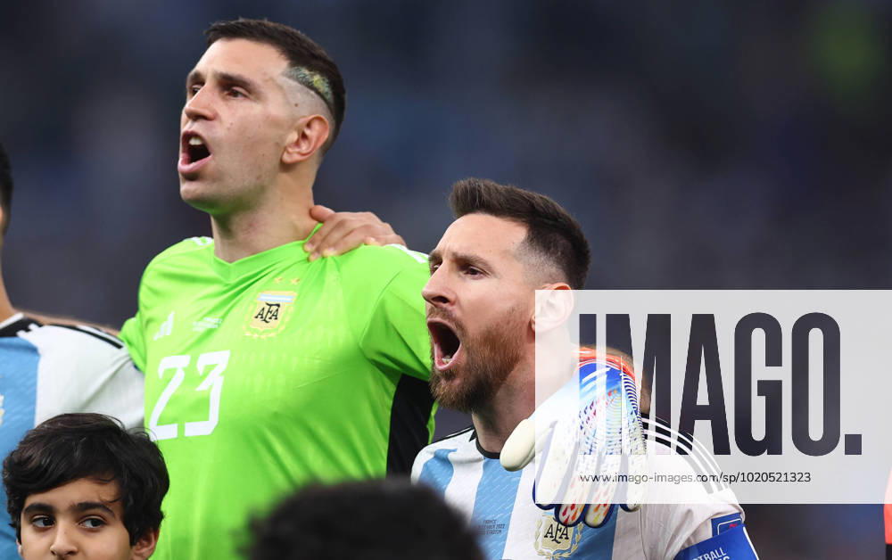 Doha, Qatar, 18th December 2022. Lionel Messi of Argentina sings the national anthem during the FIFA World Cup, WM, Weltmeisterschaft, Fussball 2022 match at Lusail Stadium, Doha. Picture credit should read: David Klein Sportimage . SPI-2101-0034