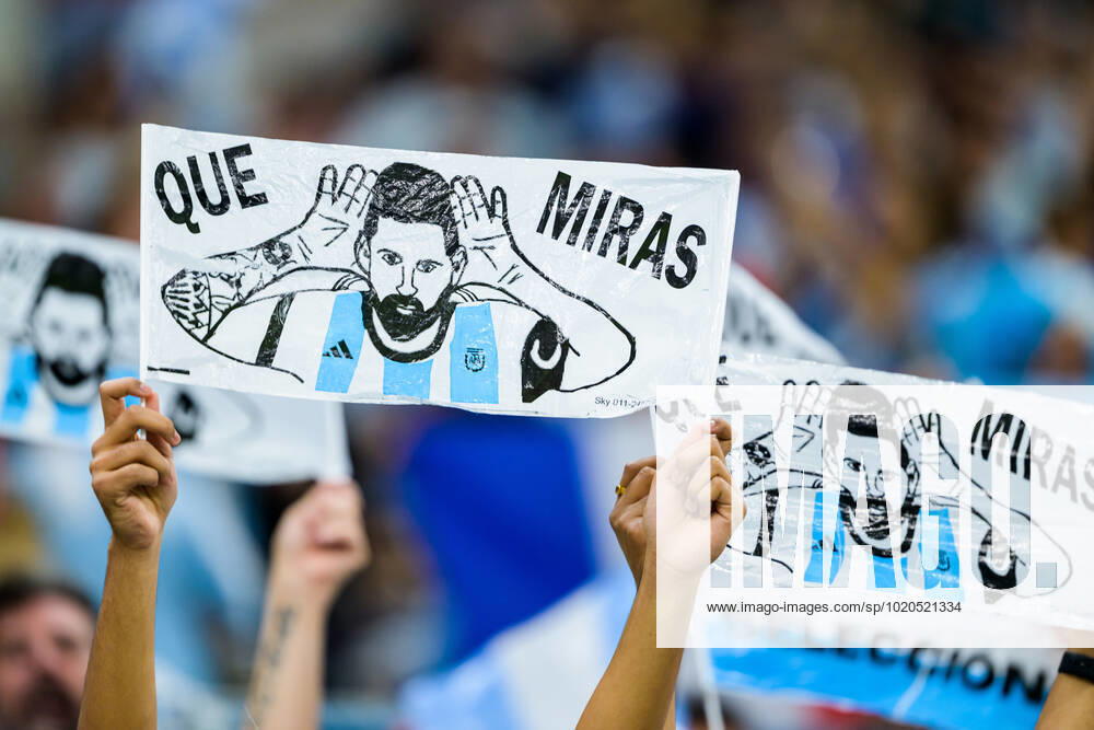 Fans of Argentina holding up signs quoting Lionel Messi during the FIFA World Cup 2022 final between Argentina and France on December 18, 2022 in Doha Photo Joel Marklund BILDBYRAN code JM JM0415 bbeng football football soccer fotball vm fotbols vm fotbols vm fotbols vm 2022 fifa world cup 2022 final argentina france france,
