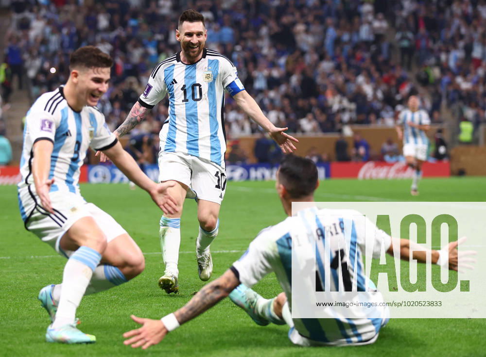 Doha, Qatar, 18th December 2022. Lionel Messi of Argentina runs towards second goal scorer Angel Di Maria of Argentina during the FIFA World Cup, WM, Weltmeisterschaft, Fussball 2022 match at Lusail Stadium, Doha. Picture credit should read: David Klein Sportimage . SPI-2101-0083
