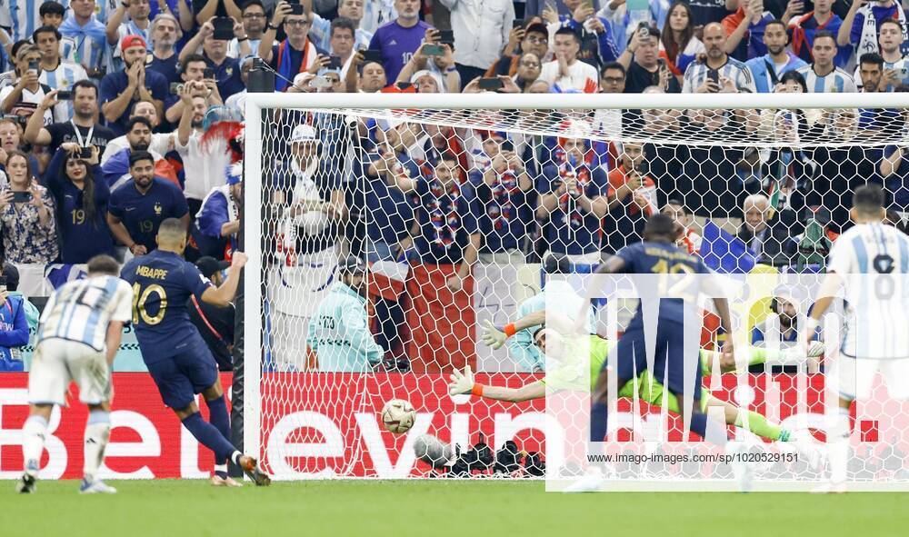 Football World Cup in Qatar Kylian Mbappe (10) scores a goal from the penalty spot during the second half of the World Cup football final against Argentina at Lusail Stadium in Lusail, Qatar, on Dec. 18, 2022. A14AA0001377456P
