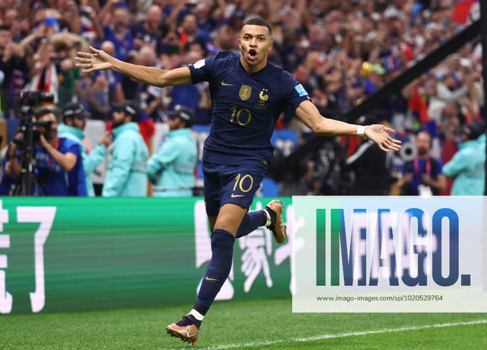 Doha, Qatar, 18th December 2022. Kylan Mbappe of France celebrates scoring their third goal and his hat trick during the FIFA World Cup, WM, Weltmeisterschaft, Fussball 2022 match at Lusail Stadium, Doha. Picture credit should read: David Klein Sportimage . SPI-2101-0177