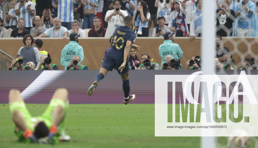 Kylian Mbappe of France celebrates a goal during the final of the FIFA World Cup, WM, Weltmeisterschaft, Fussball soccer tournament between Argentina and France at Lusail stadium in Lusail, Qatar, 18 December 2022. Soccer World Cup 2022: Argentina - France !ACHTUNG: NUR REDAKTIONELLE NUTZUNG!