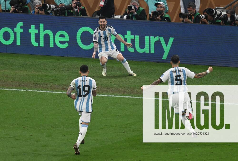 Qatar Soccer World Cup Argentina - France 8342321 18.12.2022 Argentina s Lionel Messi, centre, celebrates his goal during the Qatar 2022 World Cup final match between Argentina and France at the Lusail Iconic Stadium, in Lusail, Qatar. Grigory Sysoev Sputnik Lusail Qatar