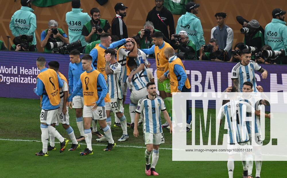 Qatar Soccer World Cup Argentina - France 8342322 18.12.2022 Argentina s players celebrate a goal during the Qatar 2022 World Cup final match between Argentina and France at the Lusail Iconic Stadium, in Lusail, Qatar. Grigory Sysoev Sputnik Lusail Qatar