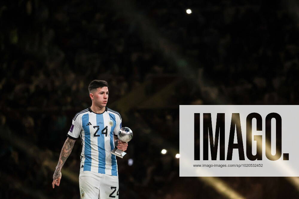 QATAR, LUSAIL - DECEMBER 18, 2022: Argentina s player captain Enzo Fernandez is seen during the trophy ceremony for the 2022 FIFA World Cup, WM, Weltmeisterschaft, Fussball final football match between Argentina and France at Lusail Iconic Stadium. Argentina won 3-3 (4-2) in a penalty shootout. Sergei Bobylev TASS 56487228