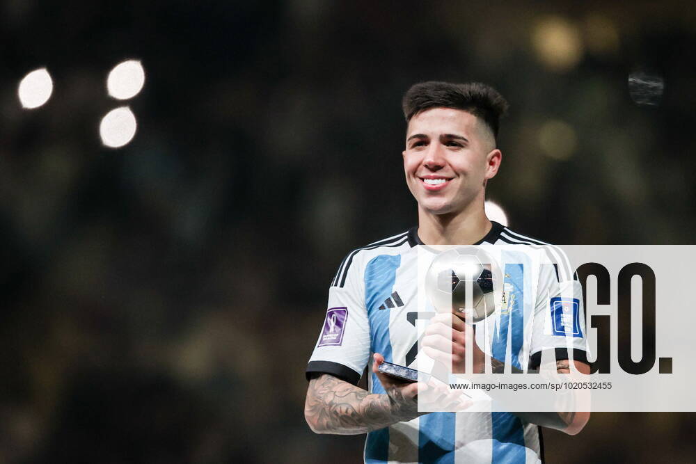QATAR, LUSAIL - DECEMBER 18, 2022: Argentina s player captain Enzo Fernandez celebrates during the trophy ceremony for the 2022 FIFA World Cup, WM, Weltmeisterschaft, Fussball final football match between Argentina and France at Lusail Iconic Stadium. Argentina won 3-3 (4-2) in a penalty shootout. Sergei Bobylev TASS 56487229