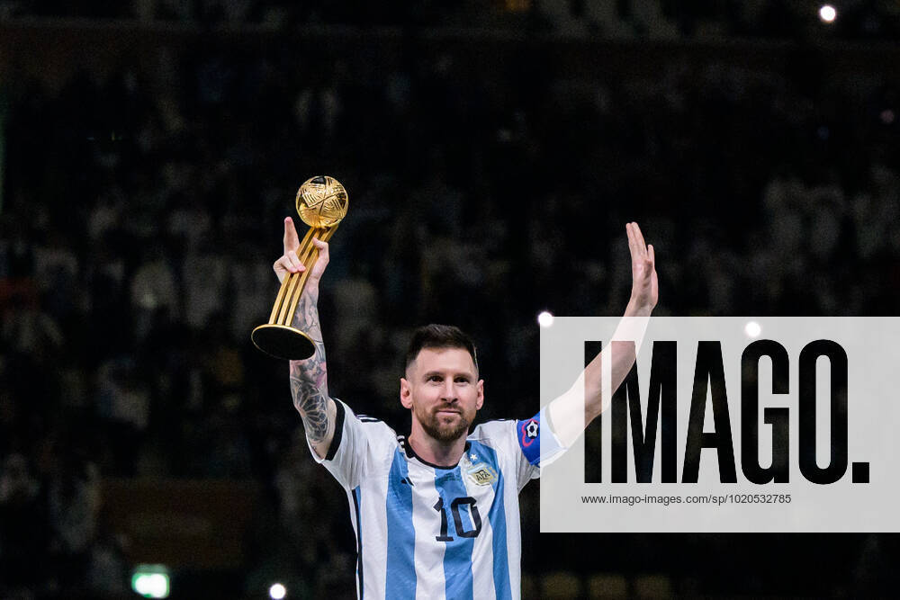 Lionel Messi of Argentina with his Golden Ball Award after the FIFA World Cup 2022 final between Argentina and France on December 18, 2022 in Doha Photo Joel Marklund BILDBYRAN code JM JM0415 bbeng football football soccer fotball world cup football world cup football world cup football world cup 2022 fifa world cup 2022 final argentina france france champions world champions FIFA World Cup Champions Gold medalist jubilation celebration,