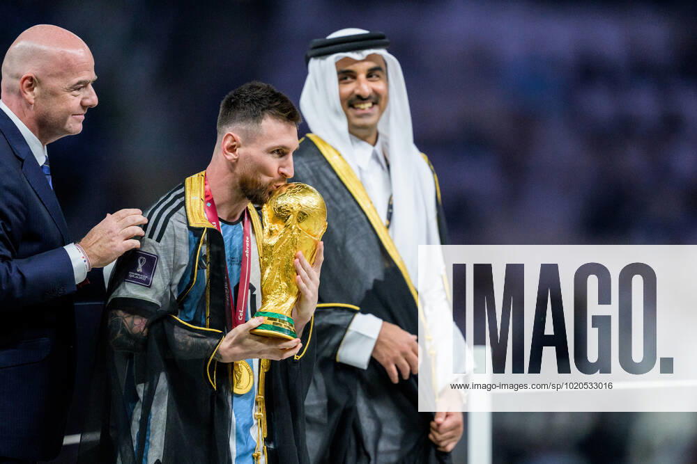 Gianni Infantino, president of FIFA, and Lionel Messi of Argentina with FIFA World Cup Trophy after the FIFA World Cup 2022 final between Argentina and France on December 18, 2022 in Doha Photo Joel Marklund BILDBYRAN code JM JM0415 bbeng fotbol football soccer fotball vm fotbols world cup football world cup football world cup 2022 fifa world cup 2022 final argentina france france champions world champions FIFA World Cup Champions Gold medalist jubilation celebration,
