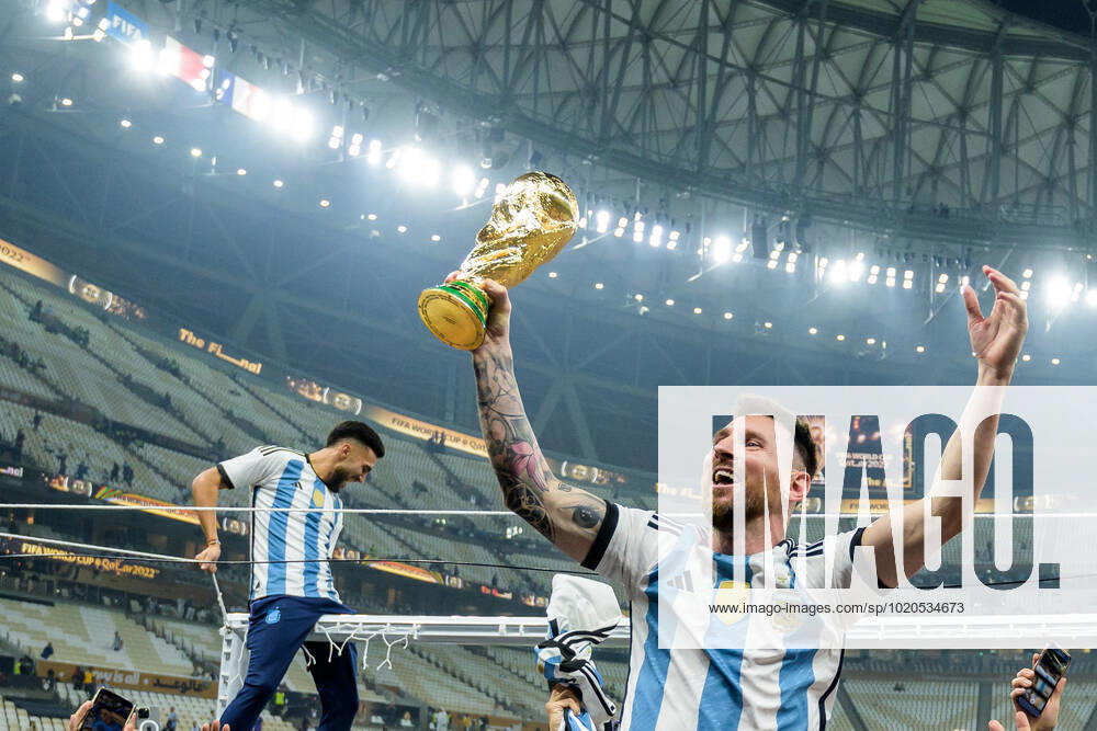Lionel Messi of Argentina celebrates with the FIFA World Cup Trophy after winning the FIFA World Cup 2022 final between Argentina and France on December 18, 2022 in Doha Photo Joel Marklund BILDBYRAN code JM JM0415 bbeng football football soccer fotball vm fotbols vm fotbols vm fotbols vm 2022 fifa world cup 2022 final argentina france france champions world champions FIFA World Cup Champions Gold medalist jubilation celebration,