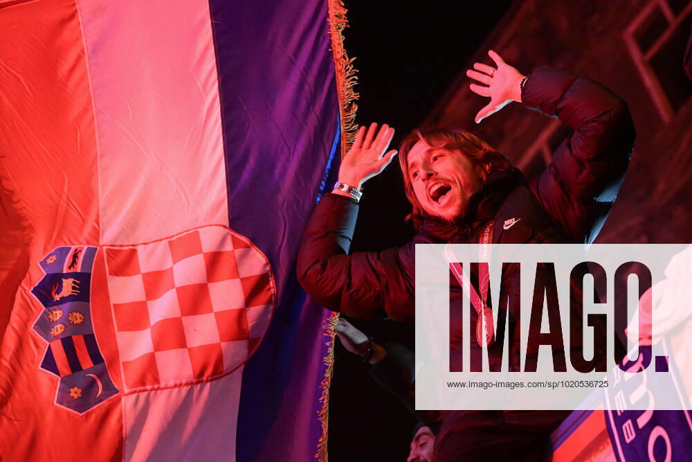 Croatia victory parade Luka Modric is pictured during the Croatia team victory parade at Ban Jelacic square (following their victory over Morocco in the 2022 FIFA World Cup, WM, Weltmeisterschaft, Fussball bronze medal match the previous day) on December 18, 2022 in Zagreb, Croatia. MarkoxLukunic PIXSELL