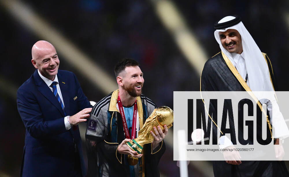 FOOTBALL World Cup 2022 Final Argentina France 18 12 2022 Award Ceremony, CHEER World Champion Argentina FIFA President Gianni Infantino l, Switzerland and the Emir of Qatar, Sheikh Tamir bin Hamad bin Khalifa al Thani r with Lionel Messi with World Cup trophy