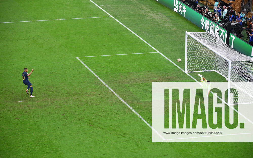 Football World Cup, Men, Qatar 2022, Final, Lusail Iconic Stadium, Argentina France 4 2 n E Kylian Mbappe FRA scores the goal to make it 3 3 in extra time on a penalty kick against Hugo Lloris FRA FIFA REGULATES PROHIBIT ANY USE OF PHOTOGRAPHS AS IMAGE SEQUENCES AND OR QUASI VIDEO
