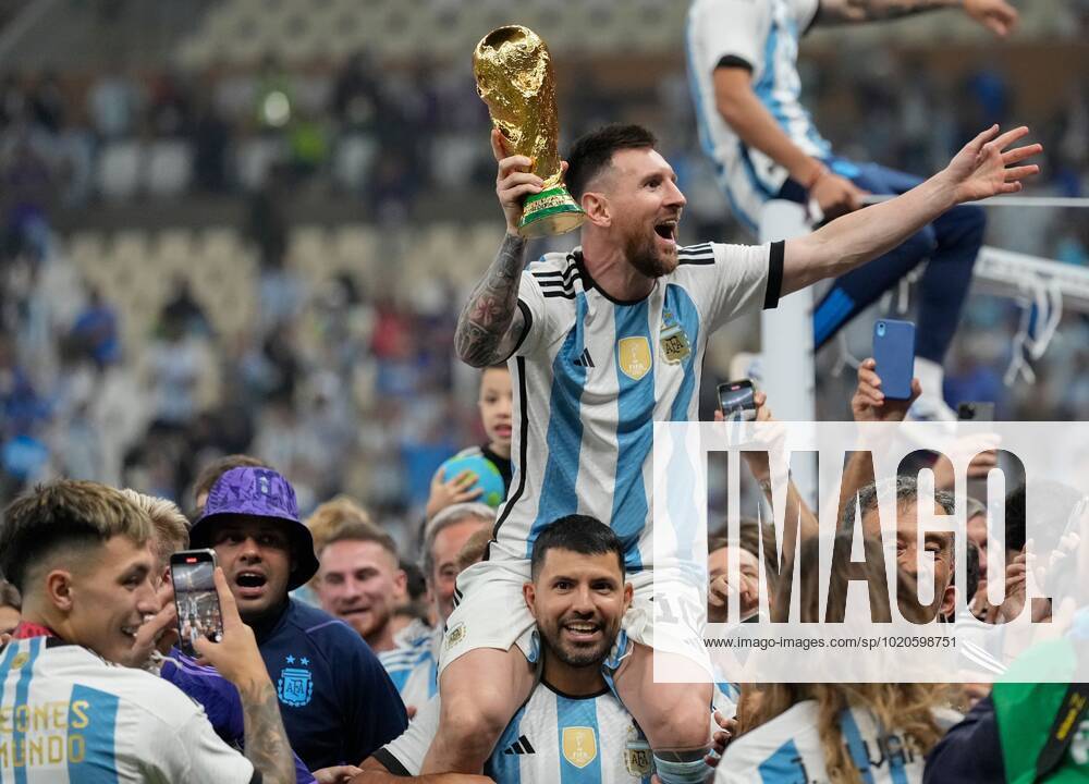 Mandatory Credit: Photo by Dave Shopland Shutterstock (13670813kz) Lionel Messi of Argentina on the shoulders of his Room Mate and former player Sergio Aguero Argentina v France, FIFA World Cup, WM, Weltmeisterschaft, Fussball 2022, Final, Football, Lusail Stadium, Al Daayen, Qatar - 18 Dec 2022 Editorial Use Only Argentina v France, FIFA World Cup 2022, Final, Football, Lusail Stadium, Al Daayen, Qatar - 18 Dec 2022 Editorial Use Only