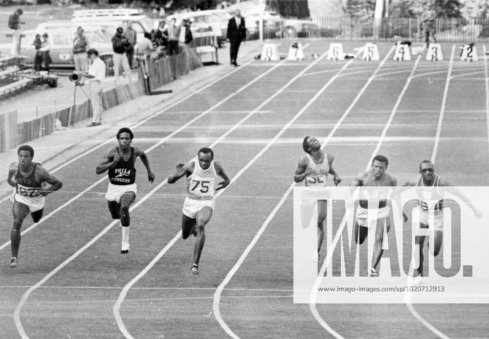 Jimmie Hines South Lake Tahoe, Calif.: The finish of the 100 metres final during the Olympic trials meet here September 10th shows Jimmie Hines, third from left, about to break the tape with a winning time of 10 seconds which tied the existing world record. The others are, from left to right: Clyde Glosson; Tom Randolph; Hines; Kirk Clayton; Mel Pender, 3rd with a time of 10.2, and Charlie Green, 2nd with a time of 10.1. 14th September 1968 United Kingdom England