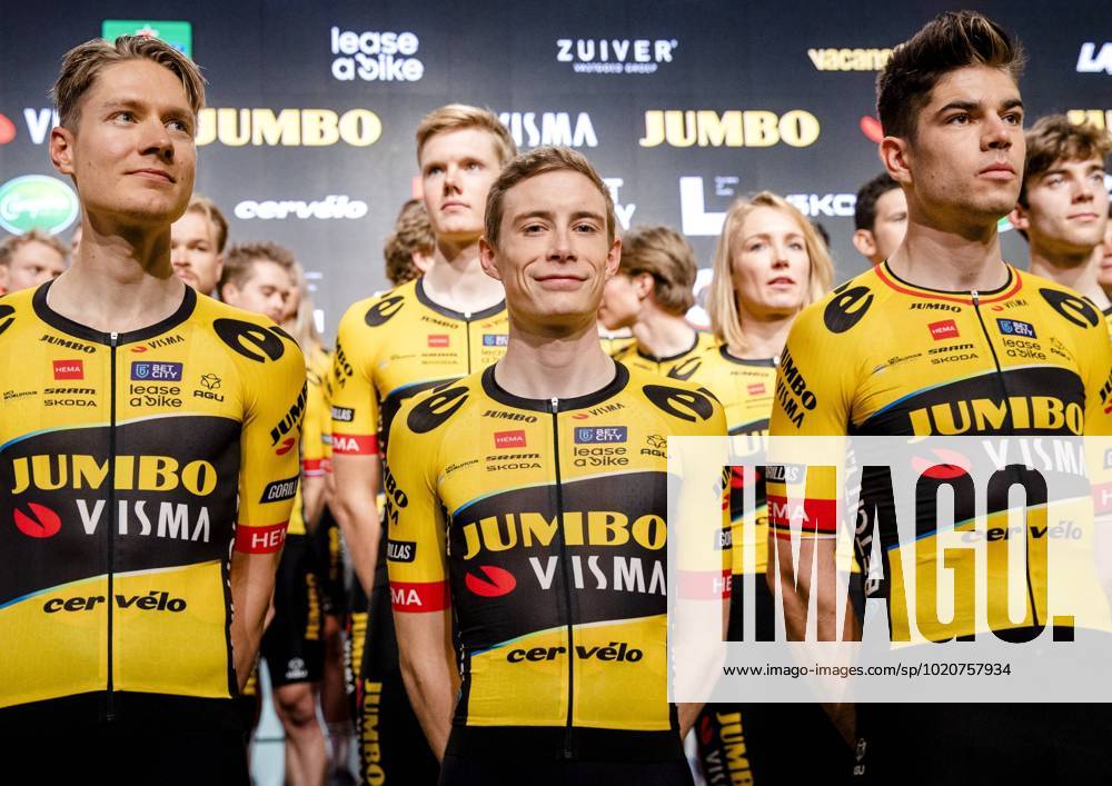 AMSTERDAM Wilco Kelderman, Jonas Vingegaard and Wout van Aert VLNR during the team presentation of the Team Jumbo Visma 2023 cycling teams ANP SEM VAN DER WAL ANPxSportx IVx 459776953 originalFilename: 459776953