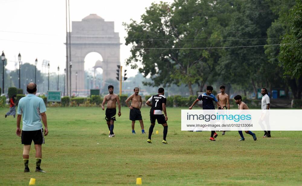 NEW DELHI, INDIA JULY 5: People play football at India Gate on a pleasant day, on July 5, 2020 in New Delhi, India. (Photo by Arvind Yadav Hindustan Times ) India Enters Unlock Phase 2.0