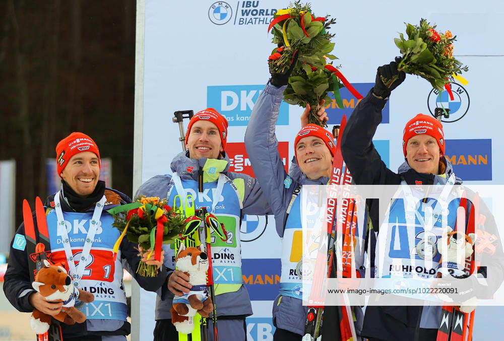 KW02 BIATHLON - IBU WC Ruhpolding RUHPOLDING,GERMANY,13.JAN.23 - BIATHLON - IBU World Cup, 4x7.5km relay, men. Image shows the rejoicing of David Zobel, Johannes Kuehn, Benedikt Doll and Roman Rees (GER). GEPAxpictures xThomasxBachun