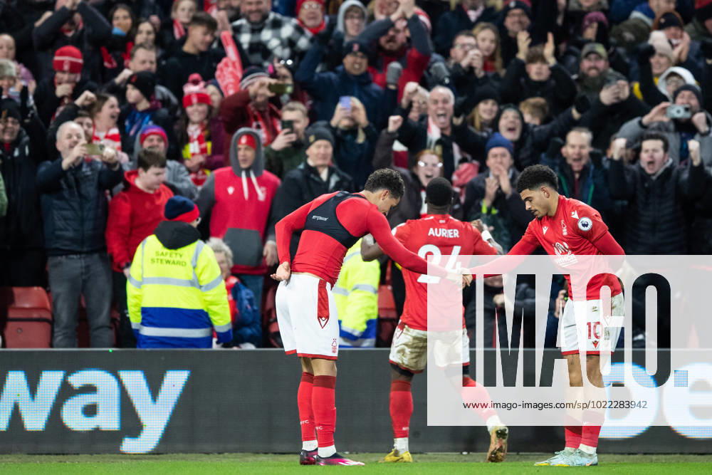 Premier League Nottingham Forest v Leicester City Brennan Johnson 20 of Nottingham Forest celebrates with team mates during the Premier League match Nottingham Forest vs Leicester City at City Ground, Nottingham, United Kingdom, 14th January 2023 (Photo by Ritchie Sumpter News Images) Nottingham City Ground Nottinghamshire United Kingdom