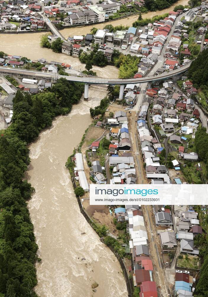 Torrential rain in central Japan Photo taken from a Kyodo News helicopter on July 8, 2020, shows a flooded area in Gero in Gifu Prefecture, central Japan, following torrential rain.