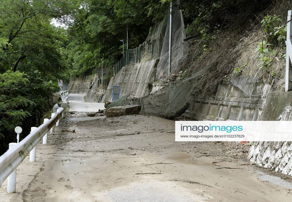 Torrential rain in central Japan Photo taken July 8, 2020, shows a road that has been closed off in Ikusaka in Nagano Prefecture, central Japan, after torrential rain caused a mudslide.