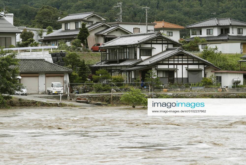 Torrential rain in central Japan Photo taken July 8, 2020, shows the swollen Sai River in Azumino in Nagano Prefecture as torrential rain lashes central Japan.